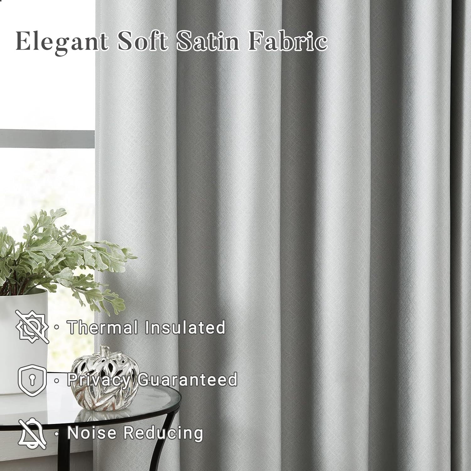 2pcs Silvery Gray Blackout Curtains for Bedroom, Thermal Insulated Energy Saving Grommet Embossed Satin Drapes with Black Lining